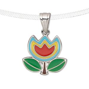 Pendant, enamel and silver-finished pewter (tin-based alloy), multicolored, 22x20mm tulip. Sold individually.