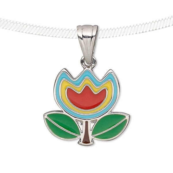 Pendant, enamel and silver-finished pewter (tin-based alloy), multicolored, 22x20mm tulip. Sold individually. image number 0