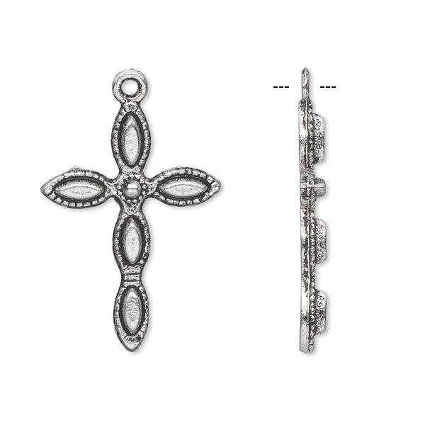 Drop, antique silver-plated "pewter" (zinc-based alloy), 27x19mm single-sided cross. Sold per pkg of 10. image number 0