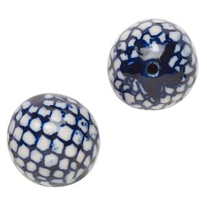 Bead, porcelain, blue and white, 28-29mm round with scale design and 2.5-2.7mm round. Sold per pkg of 2.