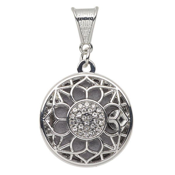 Pendant, silver-finished "pewter" (zinc-based alloy) / glass / felt, clear and grey, 27.5mm round locket with cutout flower and 26x22mm round insert. Sold per 5-piece set. image number 0