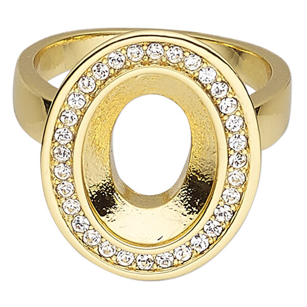 Ring, Almost Instant Jewelry®, crystals and gold-plated "pewter" (zinc-based alloy), crystal clear, 21x17mm oval with 14x10mm oval setting, size 8. Sold individually. image number 0