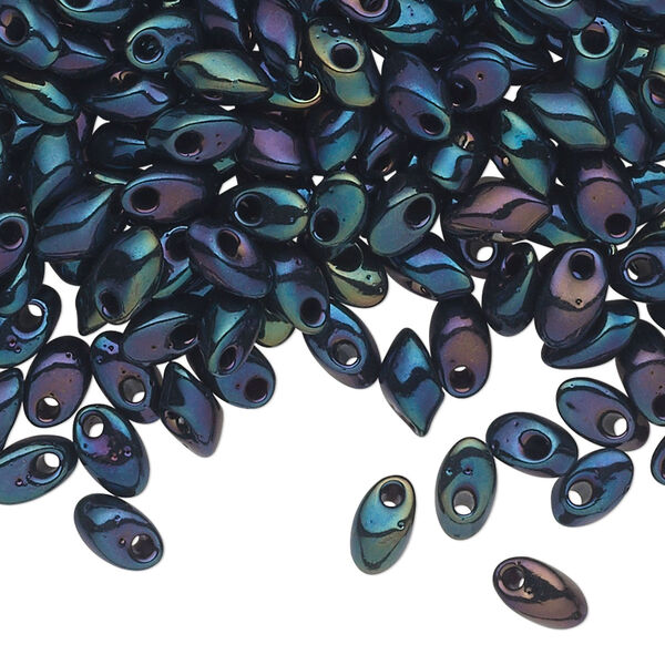 Seed bead, Miyuki, glass, pkg/250g, 7x4mm long magatama, opaque metallic rainbow peacock, (LMA-452). image number 0