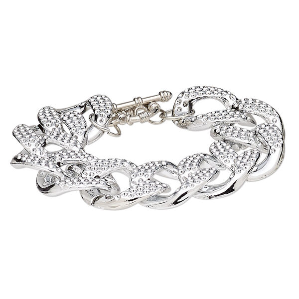 Bracelet, silver-coated plastic and silver-plated steel, 24mm wide with 29x24mm textured twisted oval, 7 inches with toggle clasp. Sold individually. image number 0