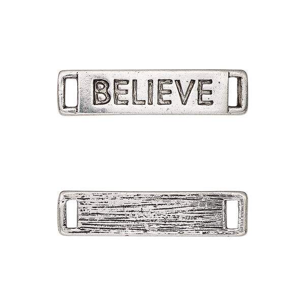 Link, antique silver-finished "pewter" (zinc-based alloy), 27.5x6.5mm single-sided curved flat rectangle with "BELIEVE." Sold per pkg of 2. image number 0