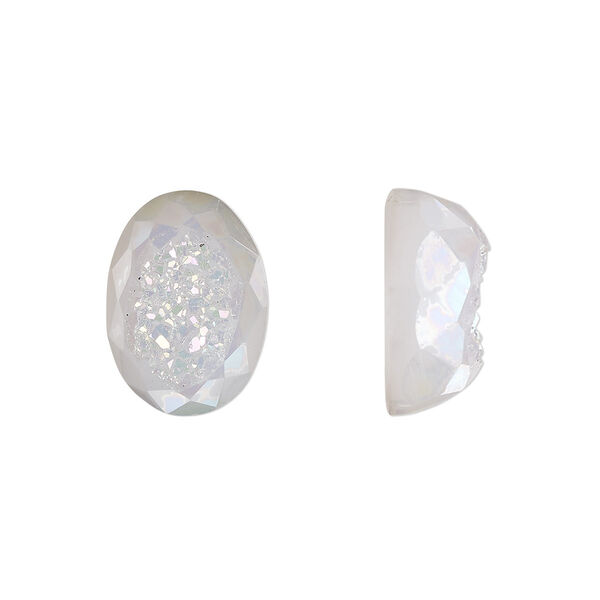 Cabochon, druzy agate (coated), white opal, 14x10mm hand-cut loosely calibrated faceted oval, B grade, Mohs hardness 7. Sold individually. image number 0