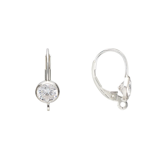 Ear wire, sterling silver and cubic zirconia, clear, 17mm leverback with 6mm faceted round and open loop. Sold per pair. image number 0