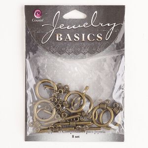 Clasp toggle 1pkg8 "pewter" (zinc alloy), 16mm round, antique gold-finished 2-strand