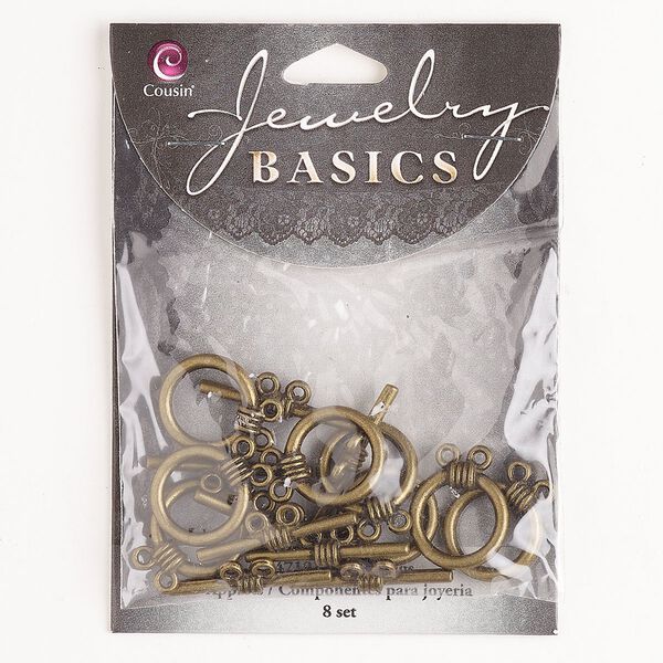 Clasp 1pkg8 "pewter" (zinc-based alloy) 2-strand toggle, 16mm round, antique gold finish image number 0