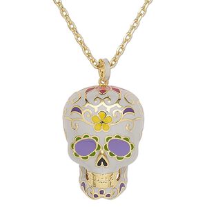Necklace, gold-plated brass / enamel / glass rhinestone, grey and multicolored, 34x26mm Dia de Los Muertos skull with flower and swirl design, 24 inches with 2-inch extender chain and lobster claw clasp. Sold individually.