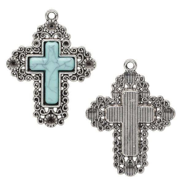 Focal, "turquoise" (resin) (imitation) and antique silver-finished "pewter" (zinc-based alloy), turquoise blue, 42x35mm single-sided cross. Sold individually. image number 0