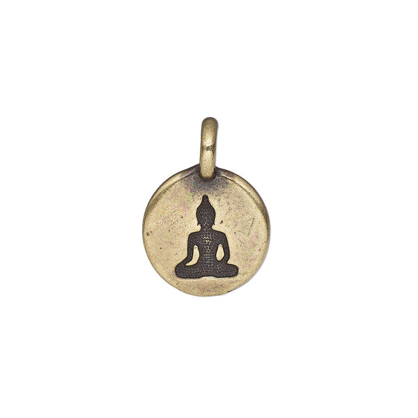 Drop, TierraCast®, antique brass-plated pewter (tin-based alloy), 11.5mm single-sided round with Buddha. Sold per pkg of 2. image number 0
