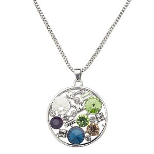 Necklace, glass rhinestone with silver-plated steel and "pewter" (zinc-based alloy), multicolored, 35mm round, 16 inches with 2-inch extender chain and lobster claw clasp. Sold individually.