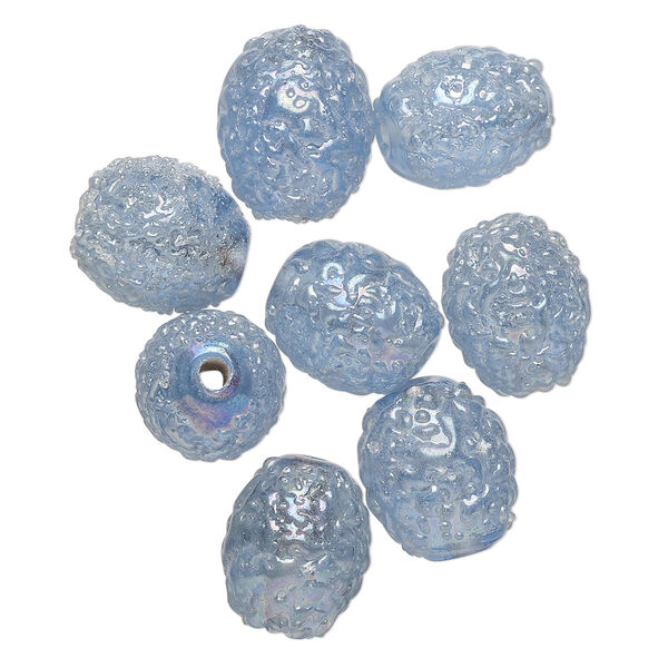 Bead, lampworked glass, translucent aqua blue AB, 15x12mm textured oval. Sold per pkg of 8. image number 0