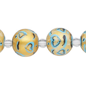 Bead, glass 1pkg8, opaque gold / blue / black, 14mm hand-painted round.