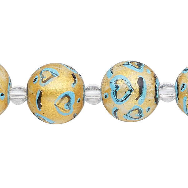 Bead, glass 1pkg8, opaque gold / blue / black, 14mm hand-painted round. image number 0