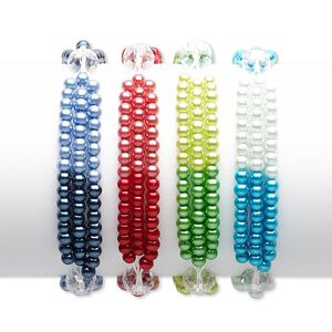 Bracelet mix, 3-strand stretch, glass and glass pearl, mixed AB colors, 4mm round and 10x8mm faceted rondelle, 7 inches. Sold per pkg of 4.