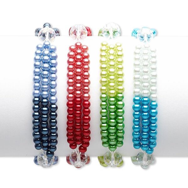 Bracelet mix, 3-strand stretch, glass and glass pearl, mixed AB colors, 4mm round and 10x8mm faceted rondelle, 7 inches. Sold per pkg of 4. image number 0