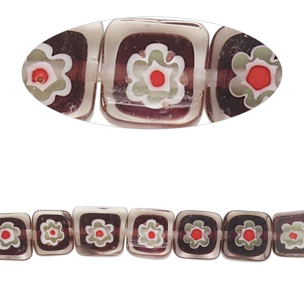 Bead, millefiori glass, translucent purple and multicolored, 7mm-9x8mm puffed square with flower design. Sold per 14-inch strand. image number 0