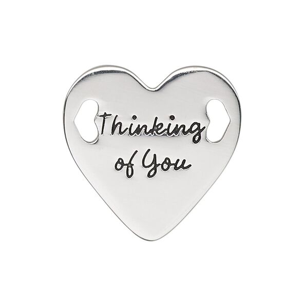 Link, antique silver-finished "pewter" (zinc-based alloy), 25.5mm single-sided flat heart with "Thinking of You." Sold individually. image number 0