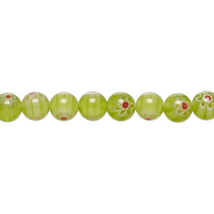Bead, millefiori glass 1pkg1, translucent pea green / red / white, 6mm round, 15 inches.