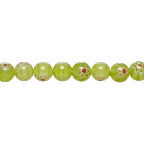 Bead, millefiori glass 1pkg1, translucent pea green / red / white, 6mm round, 15 inches. image number 0