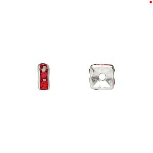 Bead, glass rhinestone and silver-plated brass, red, 6x3mm squaredelle. Sold per pkg of 10.
