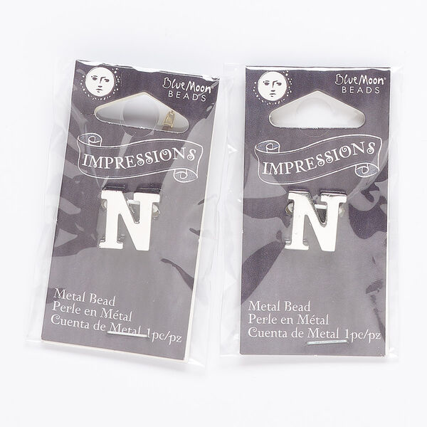 Bead, silver-finished "pewter" (zinc-based alloy), 13mm top-drilled alphabet letter "N" with 2mm hole. Sold per pkg of 2. image number 0