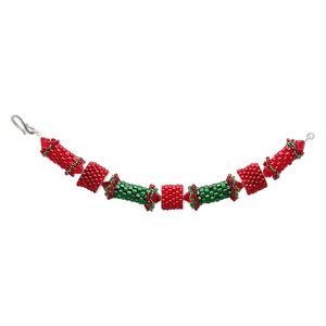 Bracelet, One of a Kind Jewelry, sterling silver / glass / crystal, red and green, 7 inches. Only one available.