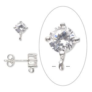 Earstud 1pkg2 sterling silver / cubic zirconia, 9x6mm / 5mm faceted round / closed loop, clear 1 pair