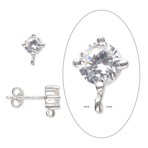 Earstud 1pkg2 sterling silver / cubic zirconia, 9x6mm / 5mm faceted round / closed loop, clear 1 pair image number 0
