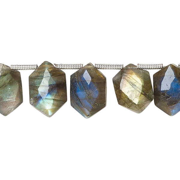 Bead, labradorite (natural), hand-cut 13x7mm side-drilled faceted puffed hexagon, B- grade, Mohs hardness 6 to 6-1/2. Sold per pkg of 22. image number 0
