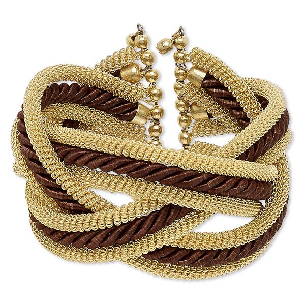 Bracelet, cuff, polyester with gold-finished steel and brass, brown, 42mm wide with braided and coiled wire design, adjustable from 6-1/2 to 7-1/2 inches. Sold individually. image number 0