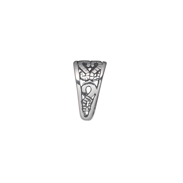 Bail, ice-pick, antiqued sterling silver, 14x8mm double-sided shield with open filigree, 12mm grip length. Sold individually. image number 0