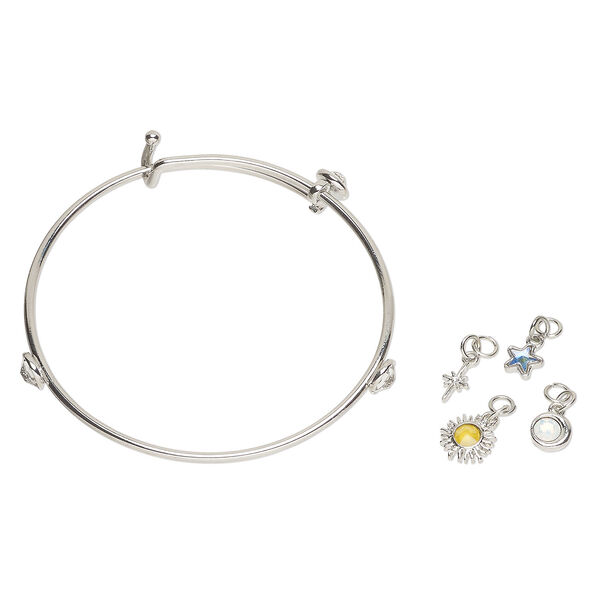 Bracelet / drop / charm assortment 1pkg5, antique silver-finished brass and steel / glass, crystal AB / white opal / sunflower, mixed sizes and shapes, 7-1/2 inches image number 0