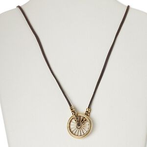 Necklace, antiqued gold-finished "pewter" (zinc-based alloy) and plastic, brown, 33mm wheel, 34 inches with knot closure. Sold individually.