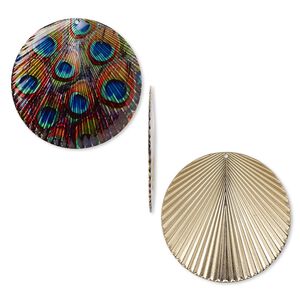 Focal, resin and gold-finished steel, orange and multicolored, 40mm single-sided round with peacock pattern and textured back. Sold individually.
