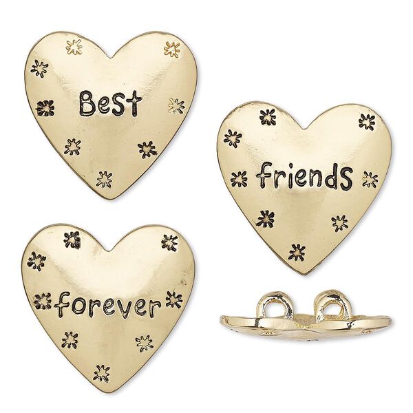 Spacer, gold-finished "pewter" (zinc-based alloy), 25x24mm 2-strand affirmation heart with star / "Best" / "friends" / "forever" designs and hidden loops, fits up to 6mm bead. Sold per 3-piece set. image number 0