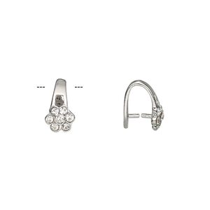 Bail, ice-pick, Egyptian glass rhinestone and imitation rhodium-plated brass, clear, 11x7mm flower, 7.5mm grip length. Sold per pkg of 6.