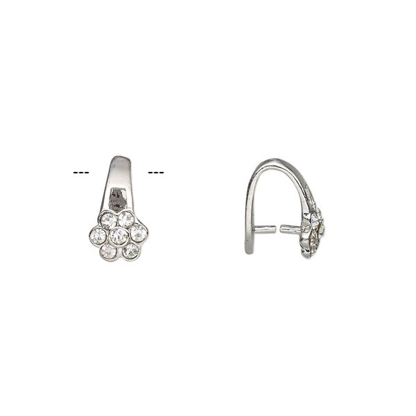 Bail, ice-pick, Egyptian glass rhinestone and imitation rhodium-plated brass, clear, 11x7mm flower, 7.5mm grip length. Sold per pkg of 6. image number 0