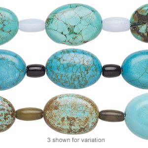 Bead mix, "turquoise" (imitation) resin and glass, multicolored, 6x4mm barrel and 17x13mm-20x15mm puffed oval. Sold per pkg of 7.