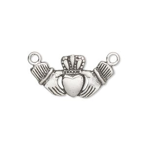 Connector, antiqued sterling silver, 23x12mm Claddagh. Sold individually.