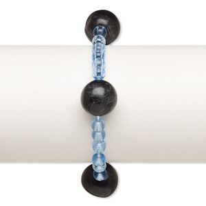 Bracelet, stretch, blackstone (dyed) and acrylic, blue, 5mm and 15-16mm round, 6 inches. Sold individually.