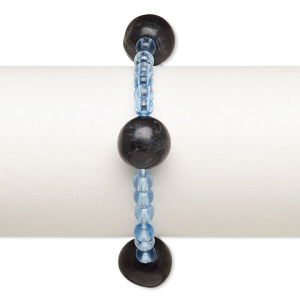 Bracelet, stretch, blackstone (dyed) and acrylic, blue, 5mm and 15-16mm round, 6 inches. Sold individually. image number 0