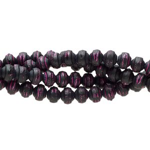 Bead 1pkg4 painted glass, opaque black and purple, 5x4mm rondelle, 7 inches.