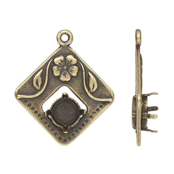 Drop, JBB Findings, antique brass-plated pewter (tin-based alloy), 25mm single-sided diamond with flower design and SS39 chaton or rivoli 4-prong setting. Sold individually. image number 0