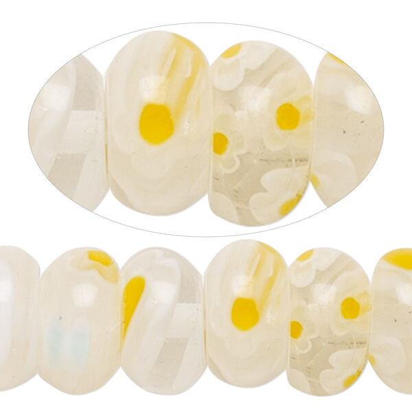 Bead, millefiori glass, translucent clear / white / yellow, 8x4mm rondelle with 0.6-0.8mm hole. Sold per 14-inch strand. image number 0