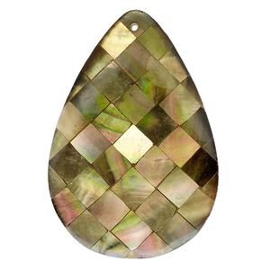 Focal, black lip shell / gold lip shell / mother-of-pearl shell (assembled), 49x34mm single-sided teardrop, Mohs hardness 3-1/2. Sold individually.