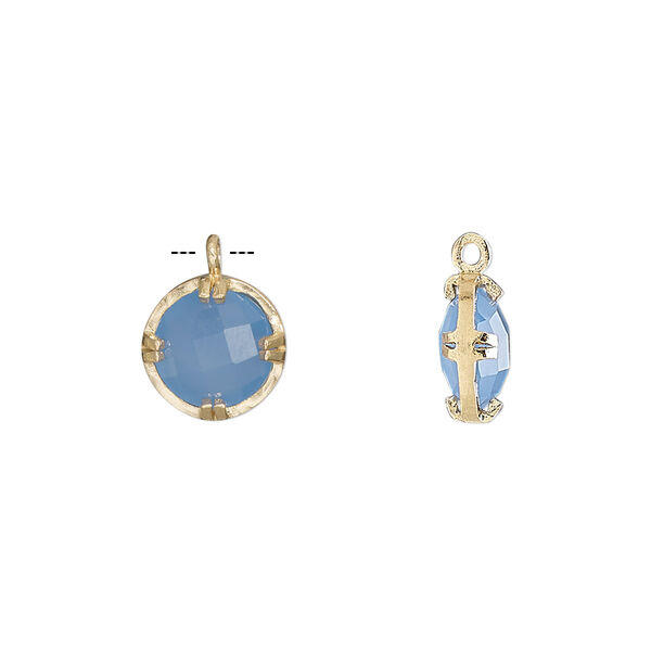 Drop, chalcedony (dyed) and gold-finished sterling silver, blue, 10mm double-sided faceted round. Sold individually. image number 0