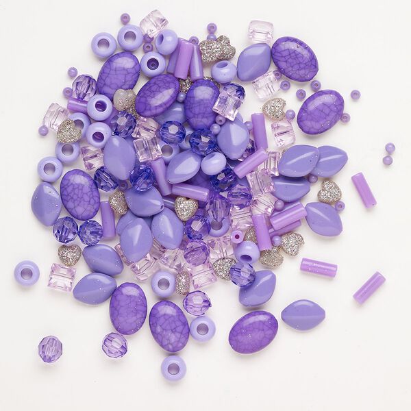 Acrylic 1pkg96, mixed shapes bead mix multi-purple / pink / glitter 4x3mm-20x14mm image number 0